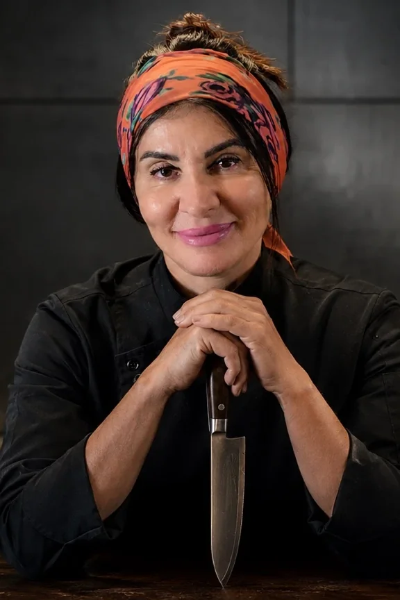 Retrato da Chef Regina Maatouk sorrindo, com lenço laranja na cabeça e uma faca de cozinha apoiada na mesa