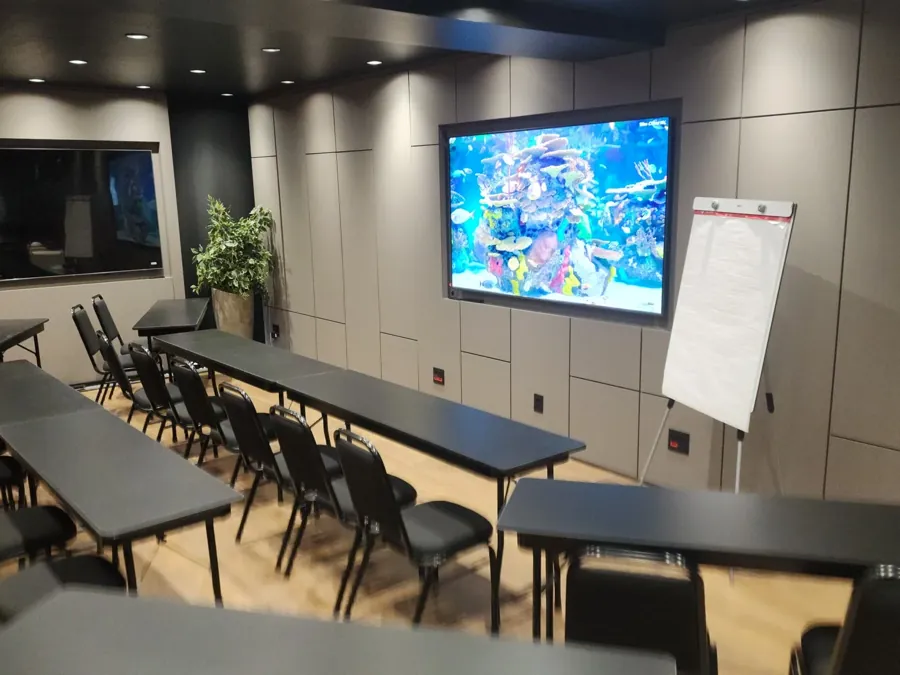 Layout escola com mesas em fileiras voltadas para a TV