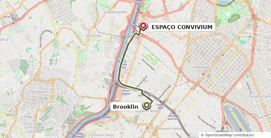 Mapa orientativo do trajeto de carro de Brooklin até o Espaço Convivium, na Alameda Raja Gabaglia, Vila Olímpia