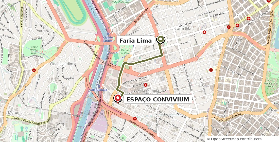 Mapa orientativo do trajeto de carro de Faria Lima até o Espaço Convivium, na Alameda Raja Gabaglia, Vila Olímpia