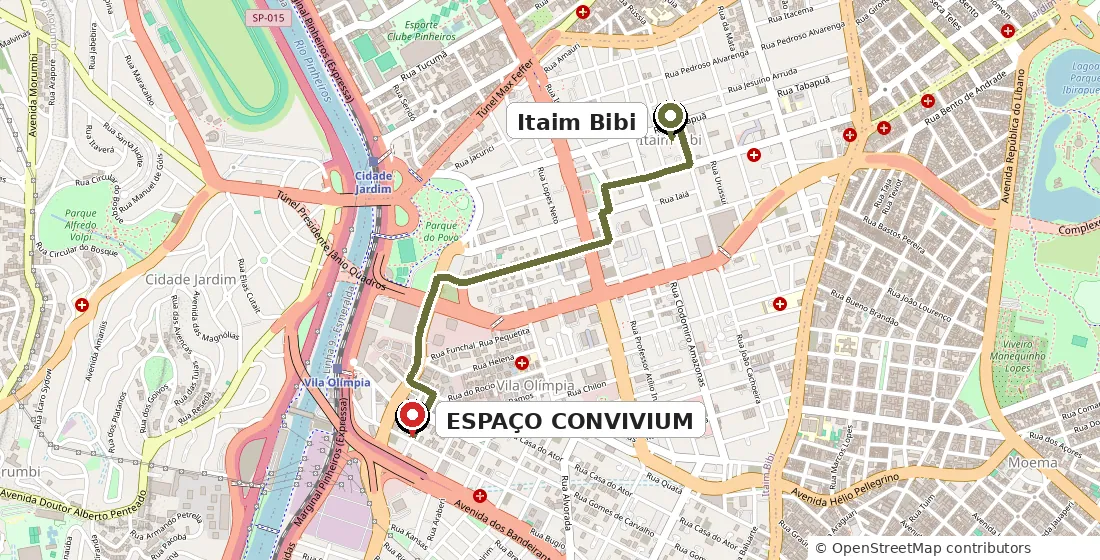 Mapa orientativo do trajeto de carro de Itaim Bibi até o Espaço Convivium, na Alameda Raja Gabaglia, Vila Olímpia