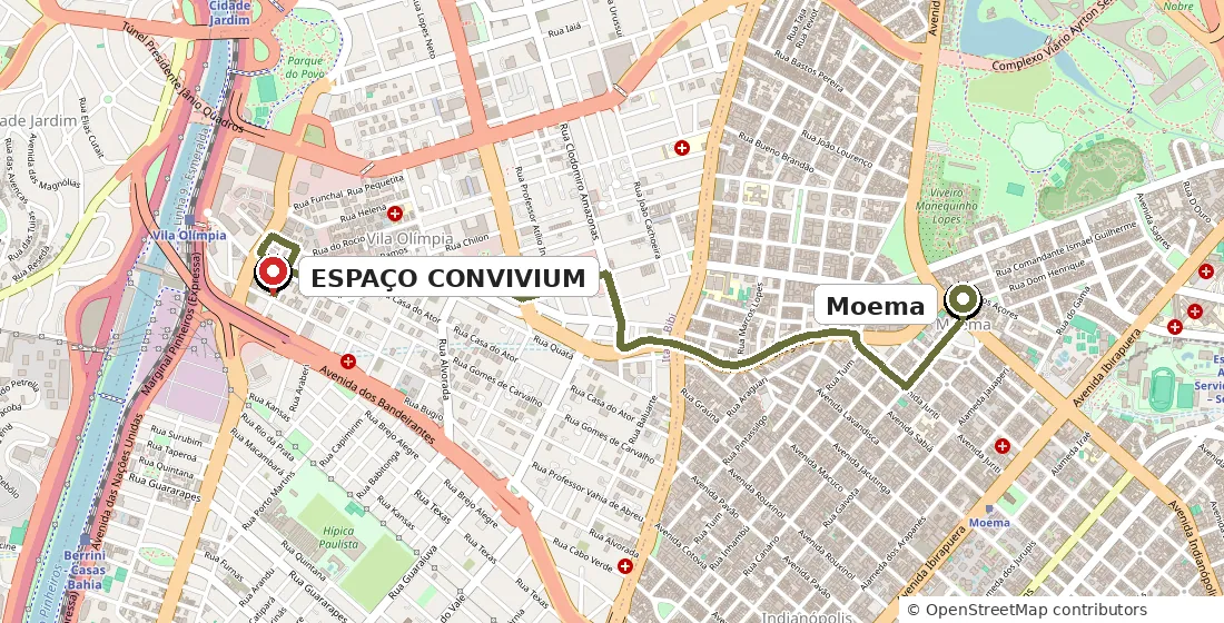 Mapa orientativo do trajeto de carro de Moema até o Espaço Convivium, na Alameda Raja Gabaglia, Vila Olímpia