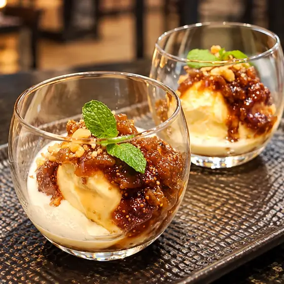 Doce de figo turco com sorvete de creme servido em taças de vidro