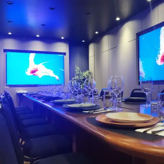 Sala do Espaço Convivium com mesa longa posta e duas TVs de 100 polegadas ao fundo, em luz azul